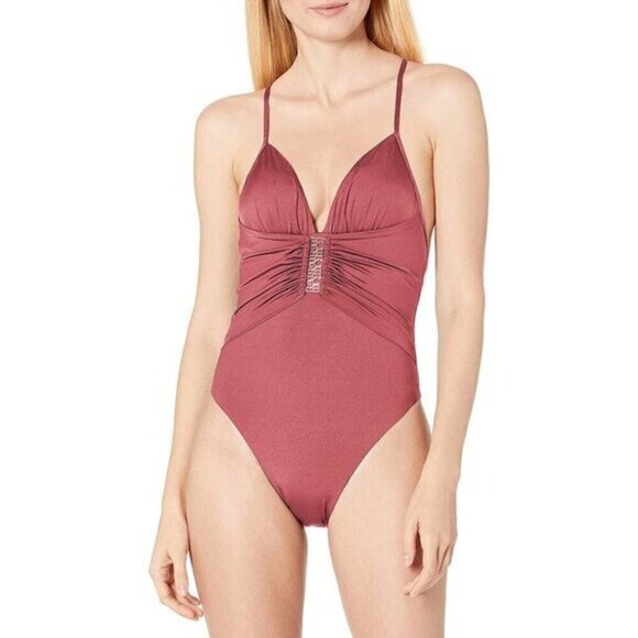 NWT BCBGMaxazria Dusty Rose V Neck One Piece Bathing Suit Size 6 - Picture 1 of 8
